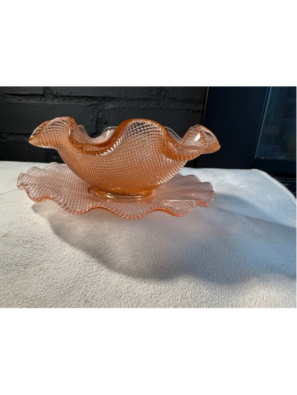 1960s Italian Colony Waffle pink Ruffled Dessert Bowl & Plate Set - set of 2